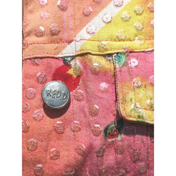 Redd Jeans Trucker Jacket 4 Abstract Floral Iridescent Sequins Cottagecore Artsy - Picture 12 of 16